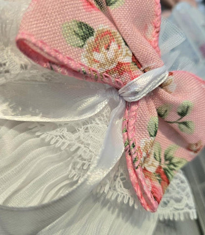 White Lace Wrist Cuffs With Pink Flower Bows - Whitby Lolita Kawaii Cute