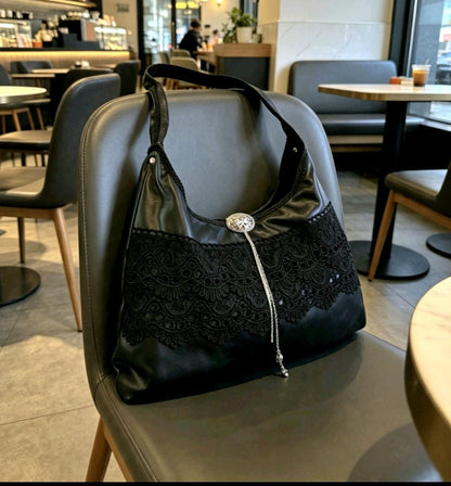 Black Faux Leather & Lace Gothic Lolita Shoulder Bag Cosplay Whitby