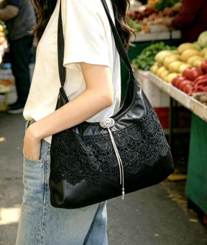 Black Faux Leather & Lace Gothic Lolita Shoulder Bag Cosplay Whitby