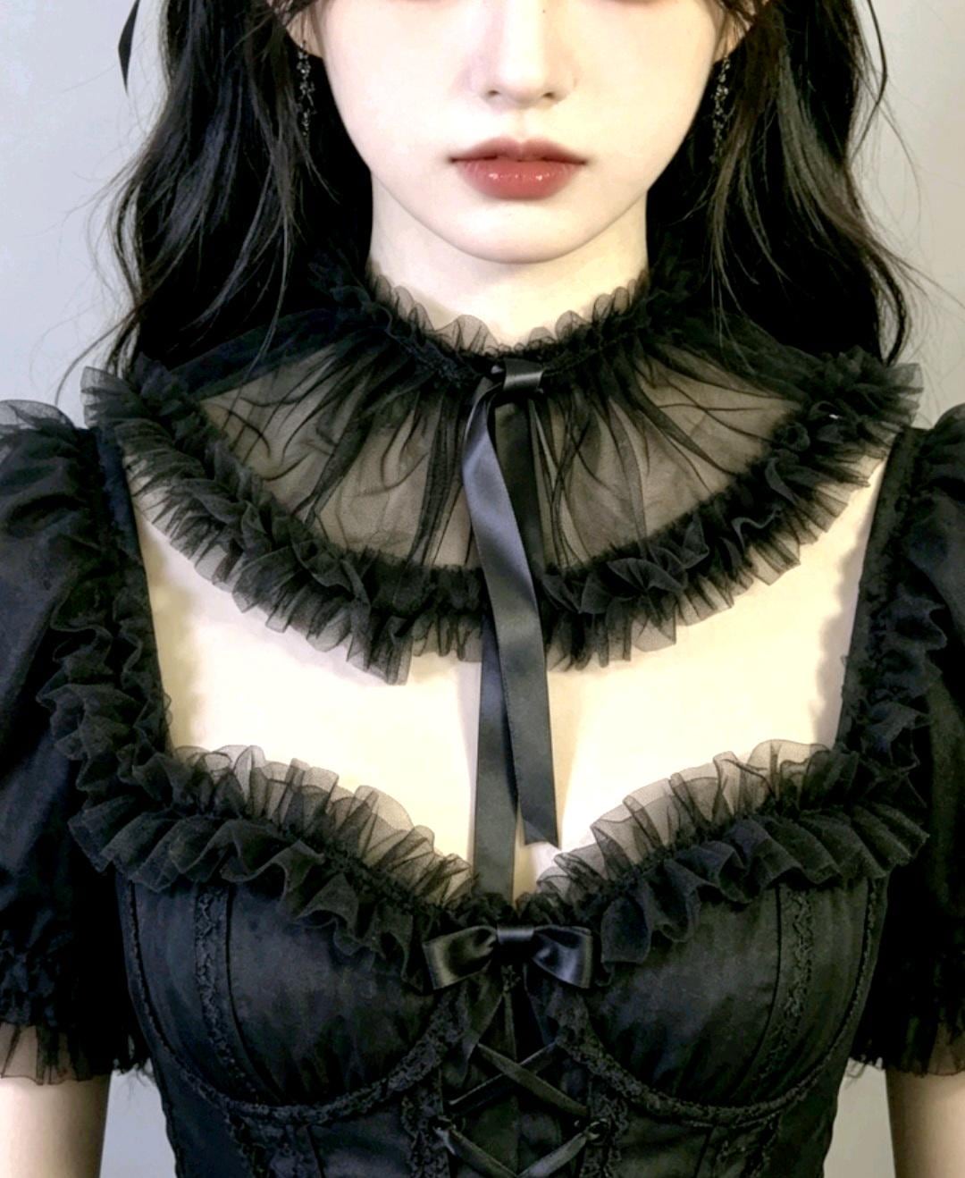 Black Lace Neck Ruff Collar Neckpiece- Steampunk, Gothic Lolita Costume