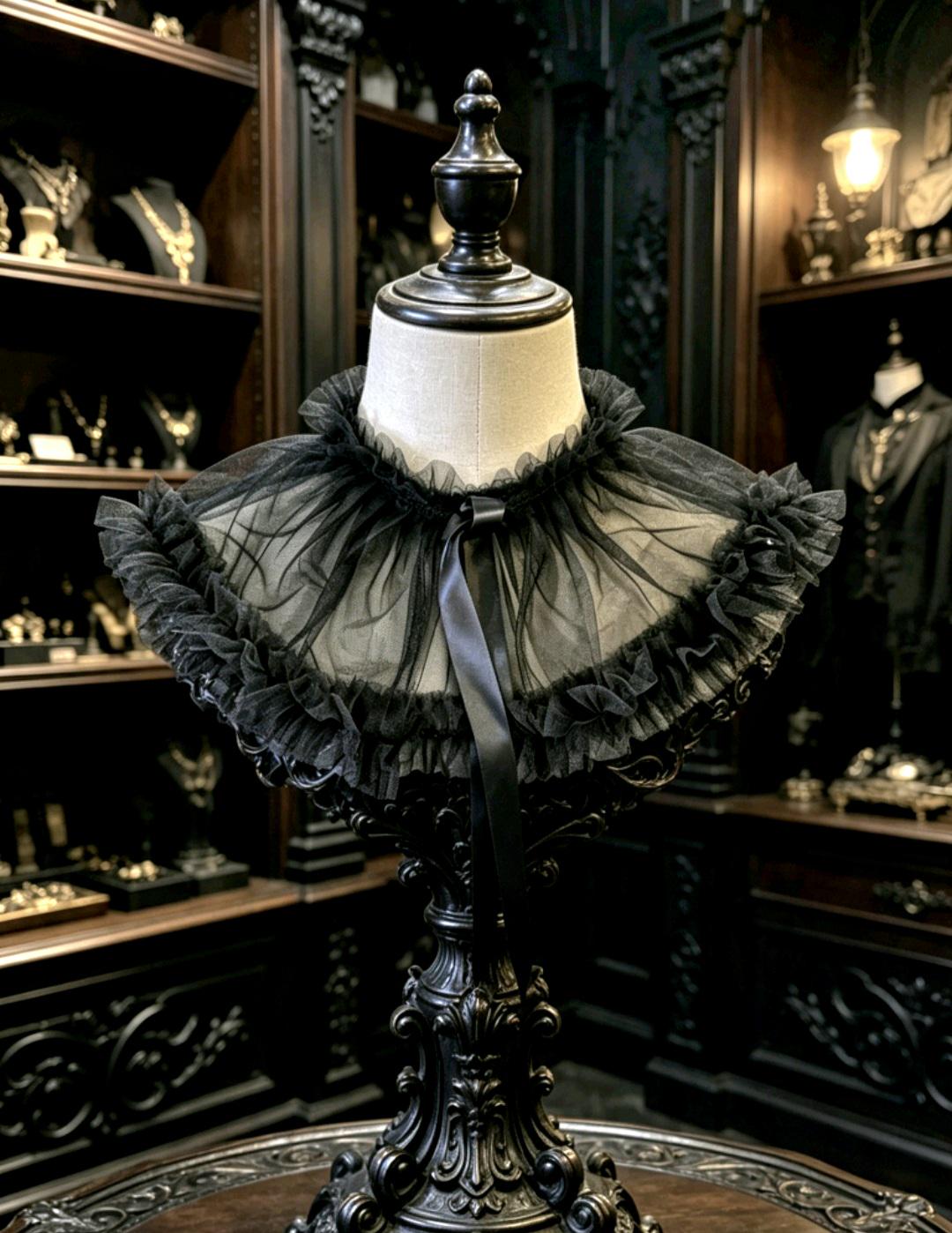 Black Lace Neck Ruff Collar Neckpiece- Steampunk, Gothic Lolita Costume