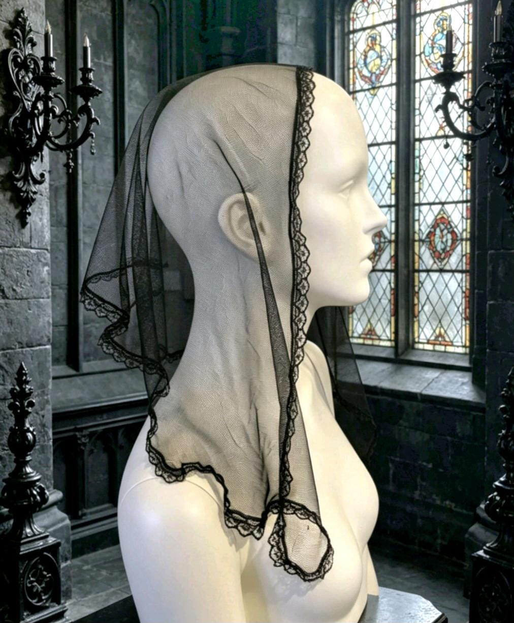 Black Net & Lace Veil D Shape Mantilla Victorian Catholic Gothic Bride Costume