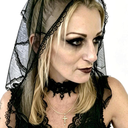 Black Net & Lace Veil D Shape Mantilla Victorian Catholic Gothic Bride Costume
