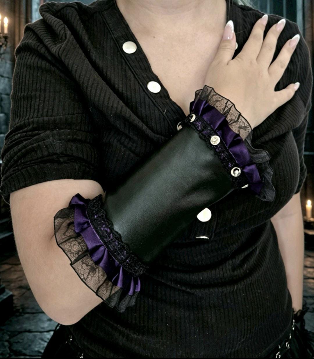 Black Faux Leather Lace Arm Band Cuff, With Purple Satin & Silver Studs, Gothic Steampunk Punk