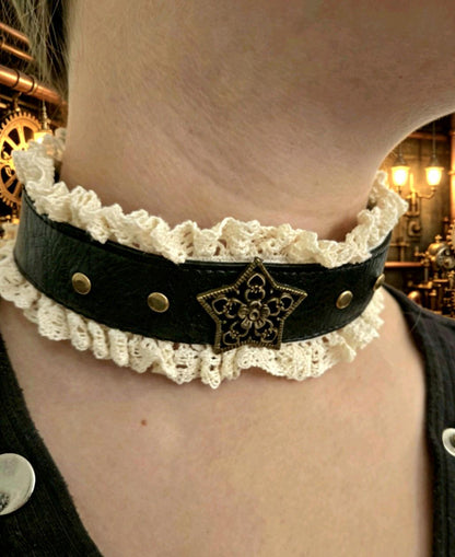 Brown Faux Leather & Cream Lace Choker Neck Band - Brass Star Steampunk Gothic Whitby