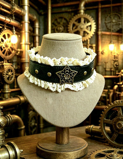 Brown Faux Leather & Cream Lace Choker Neck Band - Brass Star Steampunk Gothic Whitby