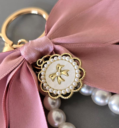 Handmade Lolita Keyring Key Chain Pink Bow White Pearls Beads Kawaii