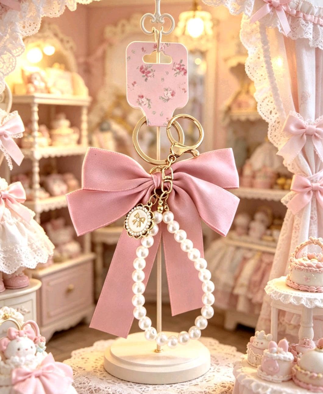 Handmade Lolita Keyring Key Chain Pink Bow White Pearls Beads Kawaii