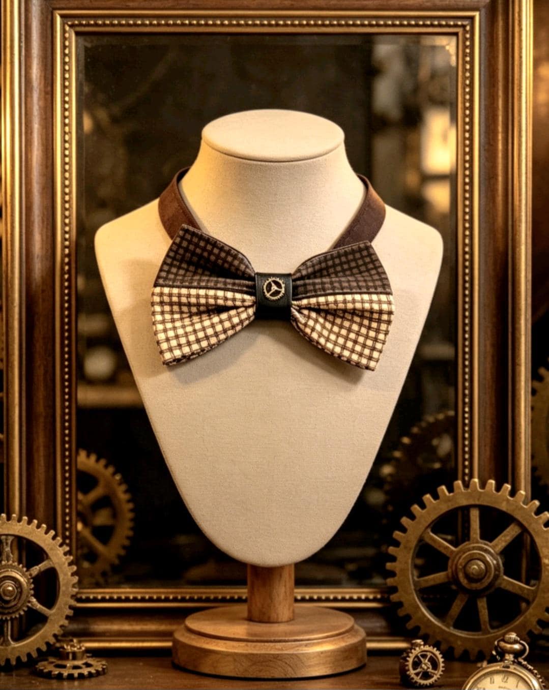 Brown Cream Steampunk Bow Tie, Cogs, Goth, Whitby
