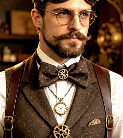 Brown Silky Spots Steampunk Bow Tie, Cogs, Goth, Whitby, Groom