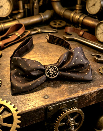 Brown Silky Spots Steampunk Bow Tie, Cogs, Goth, Whitby, Groom