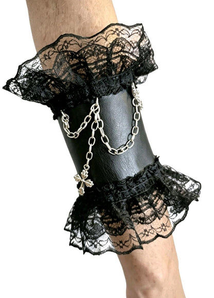 Black Faux Leather Lace Arm Band Cuff, With Silver Chain & Cross Gothic Steampunk