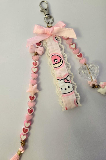 Handmade Lolita Kitty Keyring Key Chain Pink White Hearts Bows Beads Kawaii