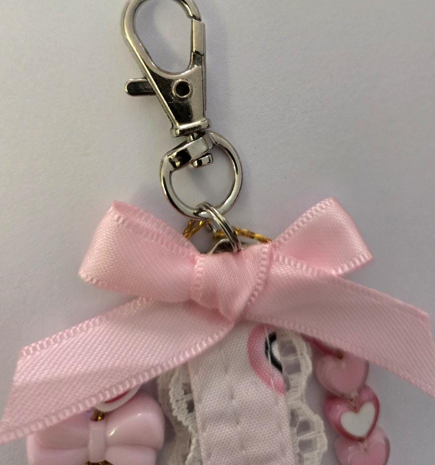 Handmade Lolita Kitty Keyring Key Chain Pink White Hearts Bows Beads Kawaii