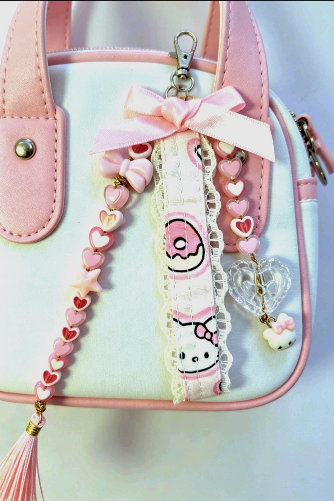 Handmade Lolita Kitty Keyring Key Chain Pink White Hearts Bows Beads Kawaii