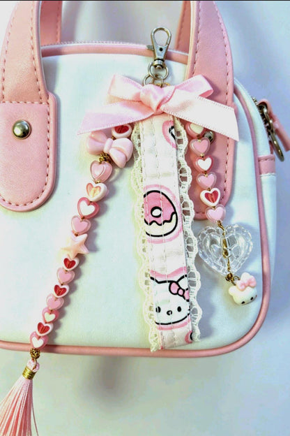 Handmade Lolita Kitty Keyring Key Chain Pink White Hearts Bows Beads Kawaii