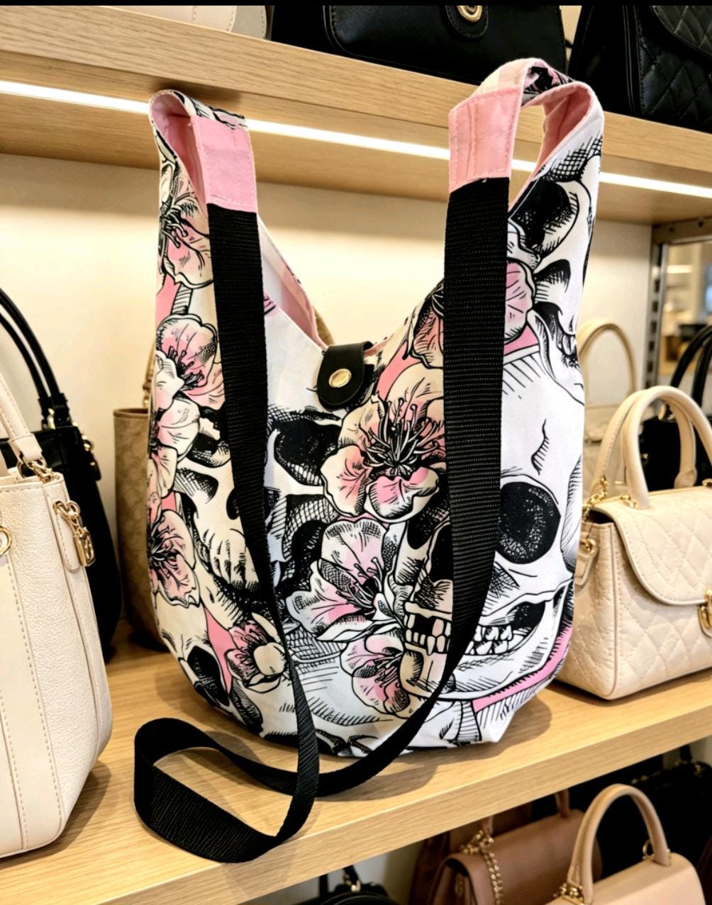Pink Black White Skulls Boho Sling Bag - Travel Holiday Festival