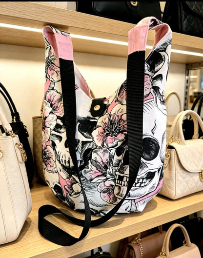 Pink Black White Skulls Boho Sling Bag - Travel Holiday Festival