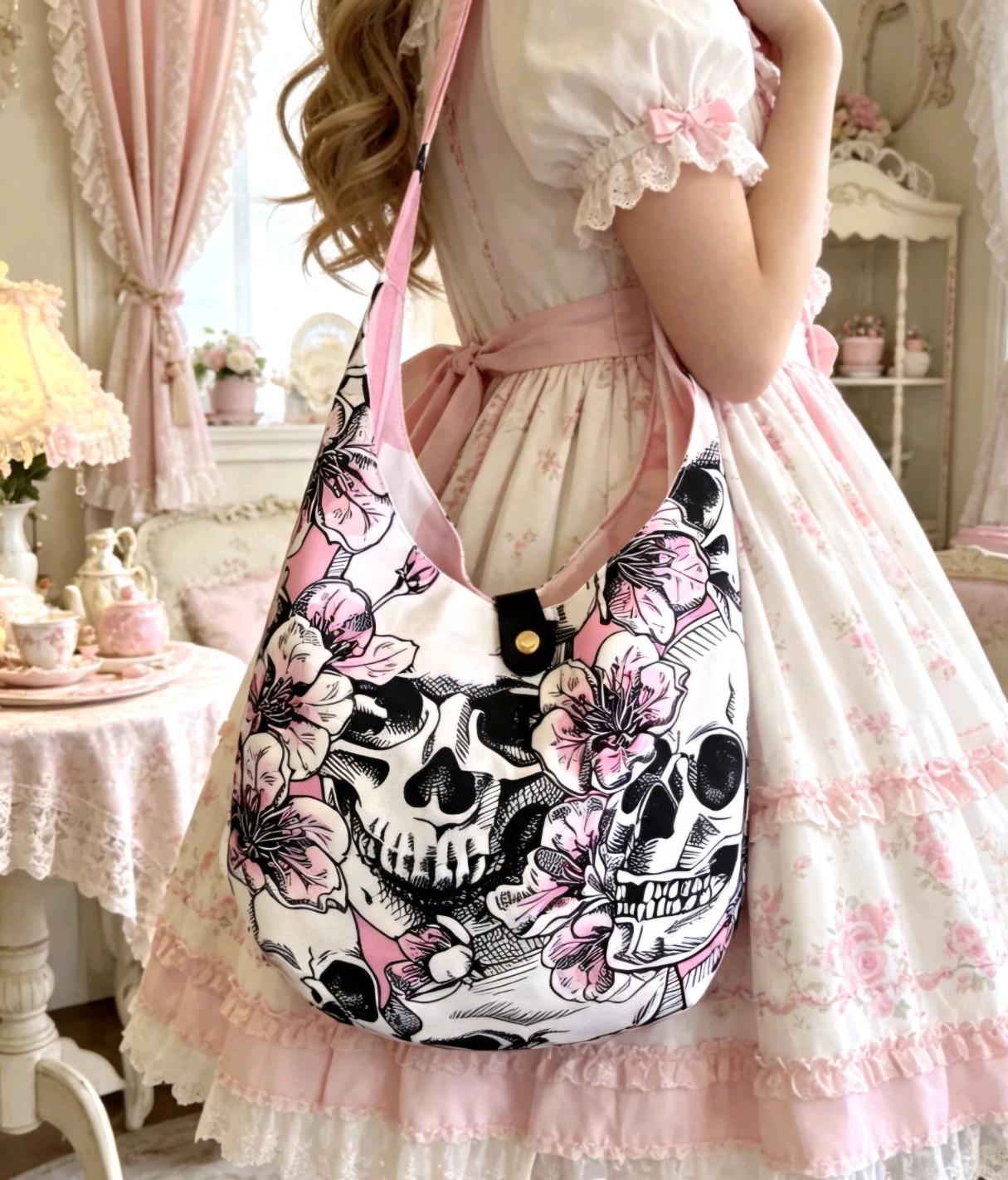Pink Black White Skulls Boho Sling Bag - Travel Holiday Festival