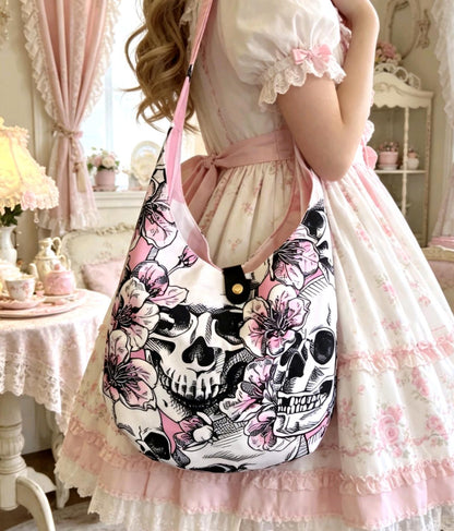 Pink Black White Skulls Boho Sling Bag - Travel Holiday Festival
