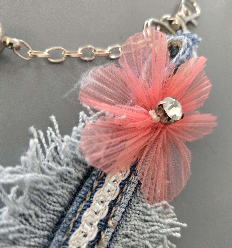 Cute Denim Leaf Keyring Key Chain Pink Flower & Tassel - Pretty Gift