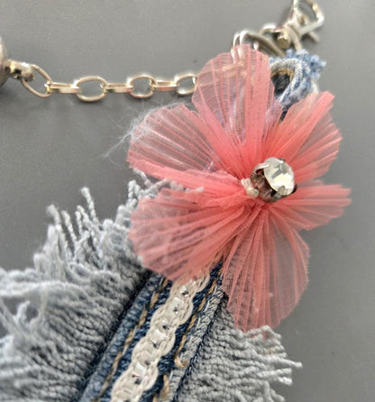 Cute Denim Leaf Keyring Key Chain Pink Flower & Tassel - Pretty Gift