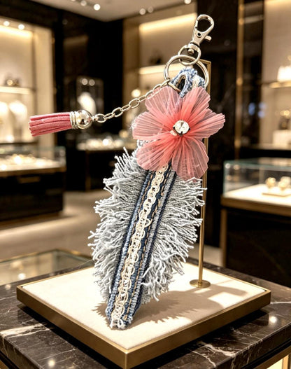 Cute Denim Leaf Keyring Key Chain Pink Flower & Tassel - Pretty Gift