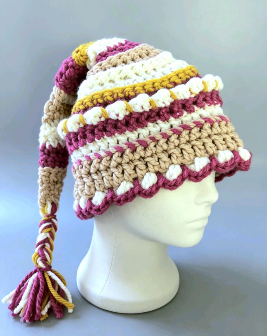 Handmade OOAK Chunky Wizard Fairy Pixie Hat Crochet Mustard Pink  White