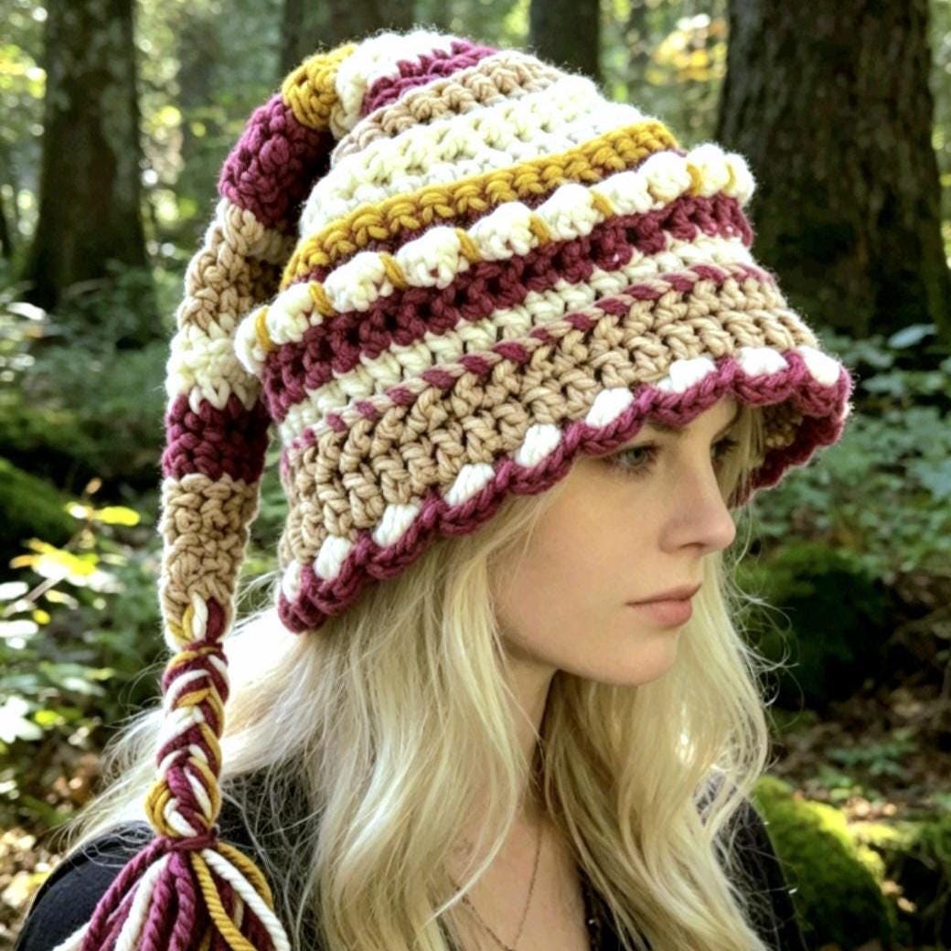 Handmade OOAK Chunky Wizard Fairy Pixie Hat Crochet Mustard Pink  White