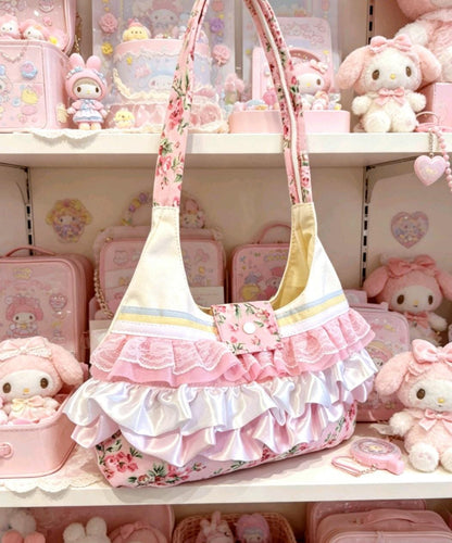 Handmade Lolita Kawaii Hand Bag Pink White Flowers Bows Lace Frills Cosplay Tea Party