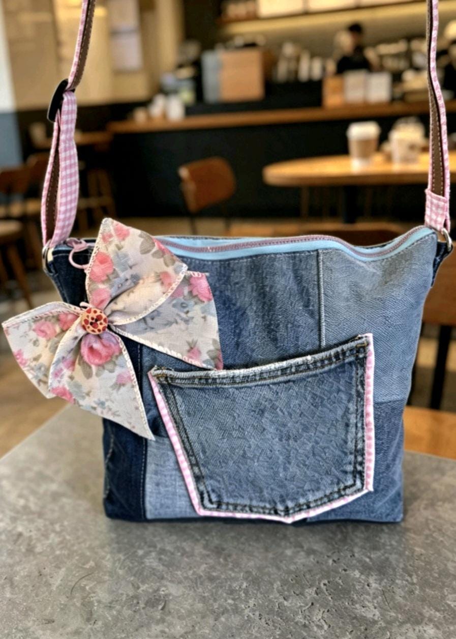 Denim & Pink Gingham Crossbody Shoulder Bag Removable Big Bow Fully Lined , Holiday Festival