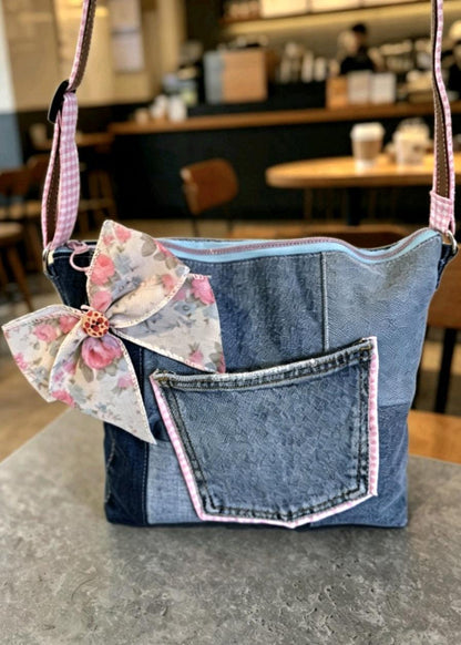 Denim & Pink Gingham Crossbody Shoulder Bag Removable Big Bow Fully Lined , Holiday Festival