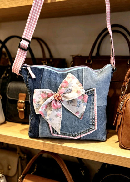 Denim & Pink Gingham Crossbody Shoulder Bag Removable Big Bow Fully Lined , Holiday Festival