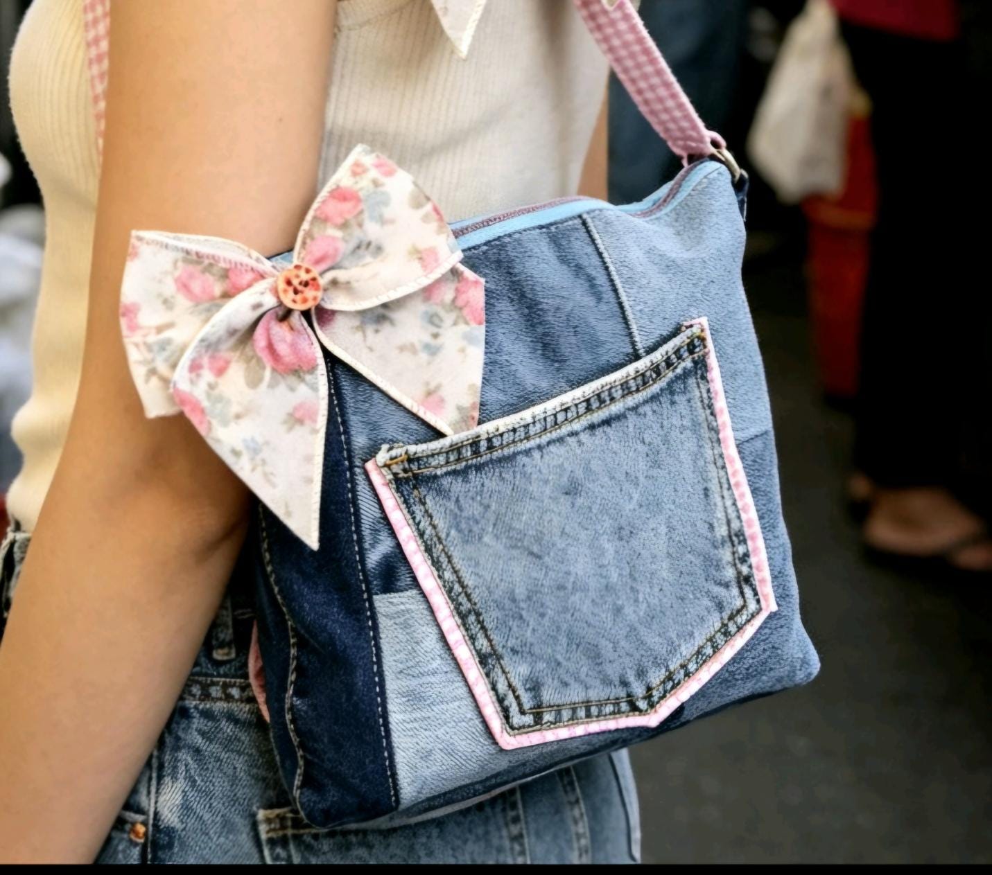 Denim & Pink Gingham Crossbody Shoulder Bag Removable Big Bow Fully Lined , Holiday Festival