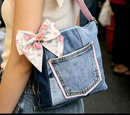 Denim & Pink Gingham Crossbody Shoulder Bag Removable Big Bow Fully Lined , Holiday Festival