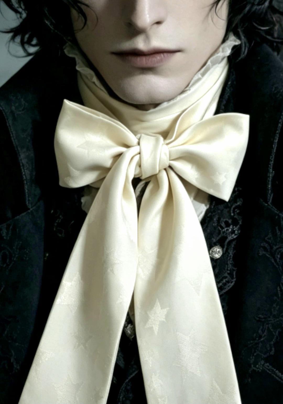 Cream Jacquard Stars Cravat Bow Scarf - Multiway Self Tie Steampunk Victorian Groom