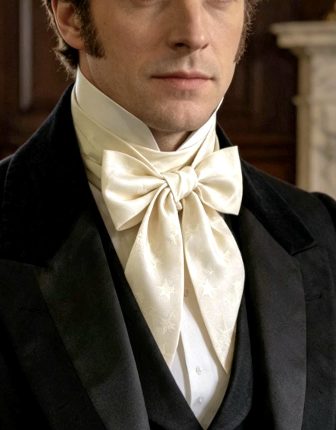 Cream Jacquard Stars Cravat Bow Scarf - Multiway Self Tie Steampunk Victorian Groom