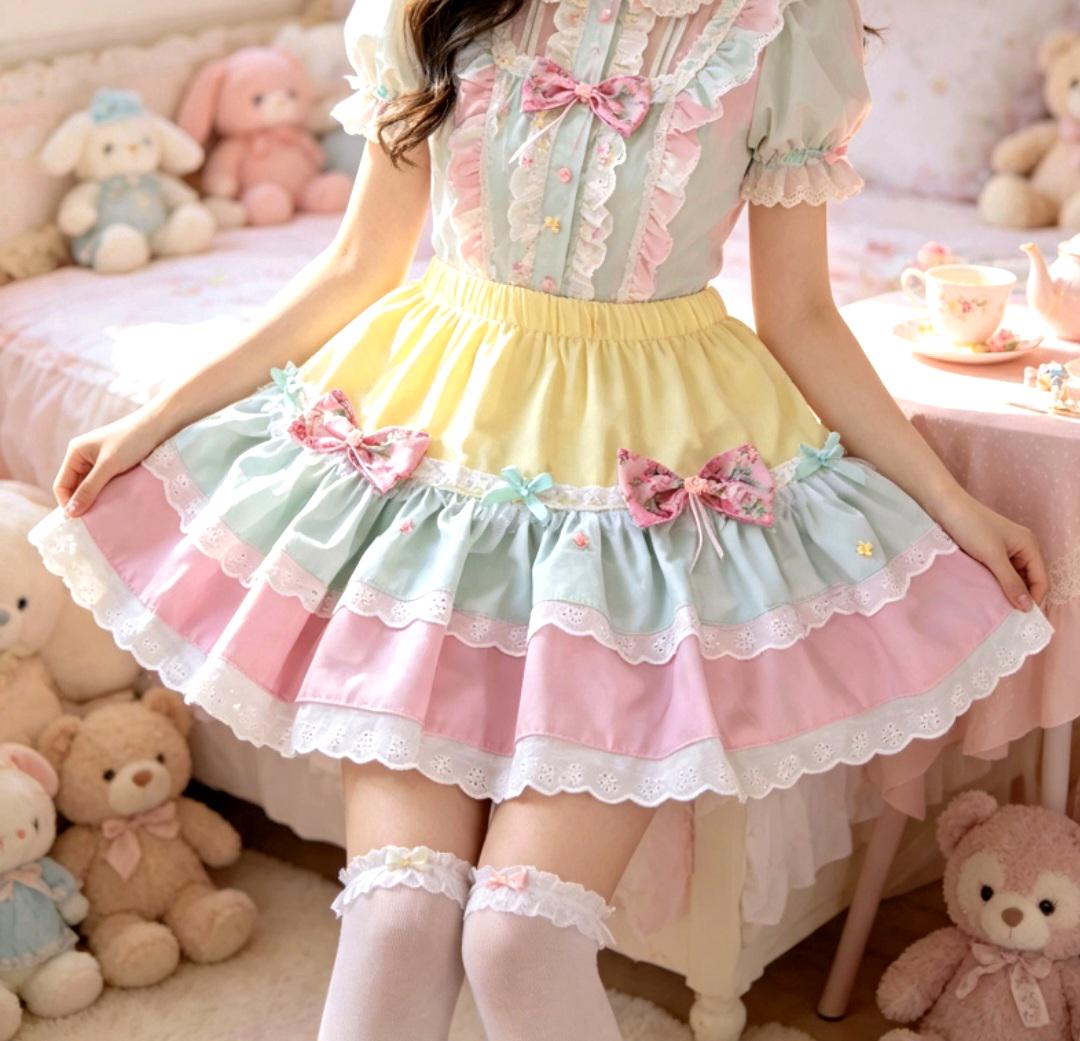 Pink Lemon Mint Green Sweet Lolita Kawaii Skirt - Frills Bows Kei Size 8 - 12 (UK)