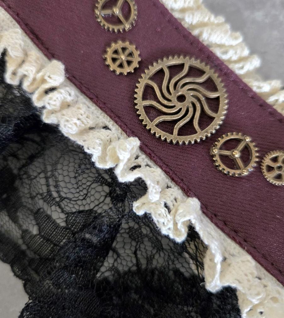 Burgundy Faux Leather Black & Cream Lace Choker Collar Neck Band - Brass Gogs Steampunk Gothic Whitby