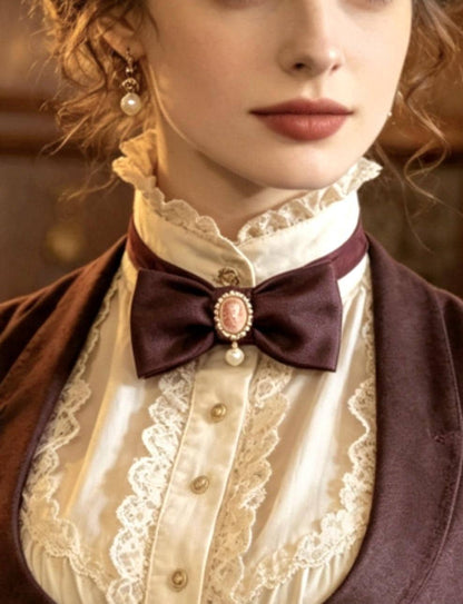 Burgundy Faux Leather Steampunk Bow Tie, Cameo & Pearl Centre, Goth, Whitby, Groom