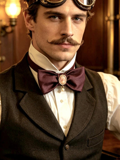 Burgundy Faux Leather Steampunk Bow Tie, Cameo & Pearl Centre, Goth, Whitby, Groom
