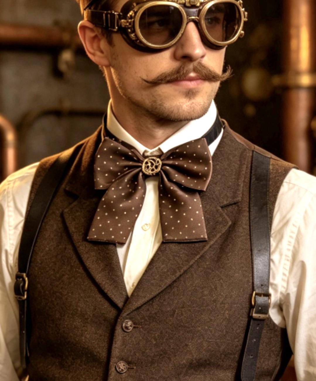 BRown Spot Silk Steampunk Bow Tie, Cogs Centre Detail, Goth, Whitby, Groom