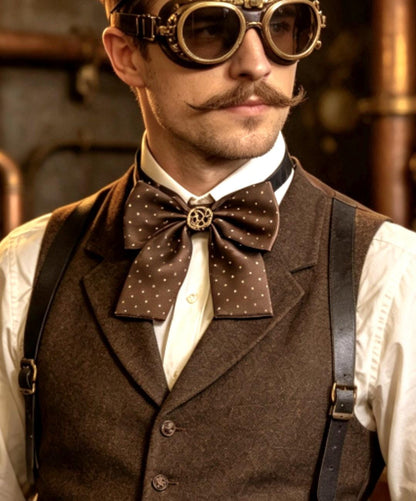 BRown Spot Silk Steampunk Bow Tie, Cogs Centre Detail, Goth, Whitby, Groom