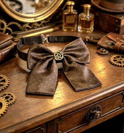 BRown Spot Silk Steampunk Bow Tie, Cogs Centre Detail, Goth, Whitby, Groom