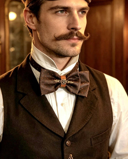 Brown Spot Silk Steampunk Bow Tie, Cogs & Clock Hands Detail, Goth, Whitby, Groom