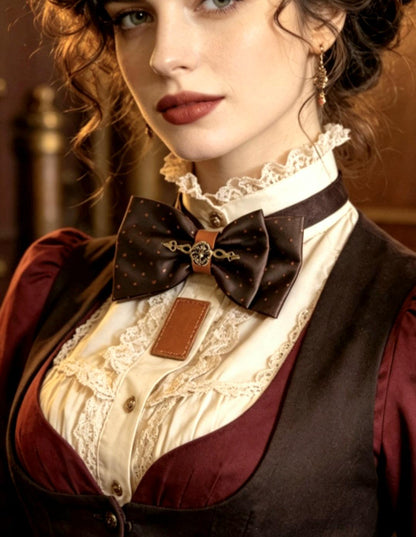 Brown Spot Silk Steampunk Bow Tie, Cogs & Clock Hands Detail, Goth, Whitby, Groom