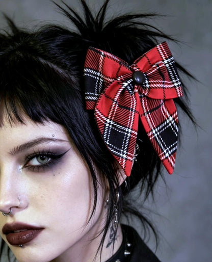 Big Red Black Tartan Check Hair Bow, Clip On, Gothic Punk Party Emo