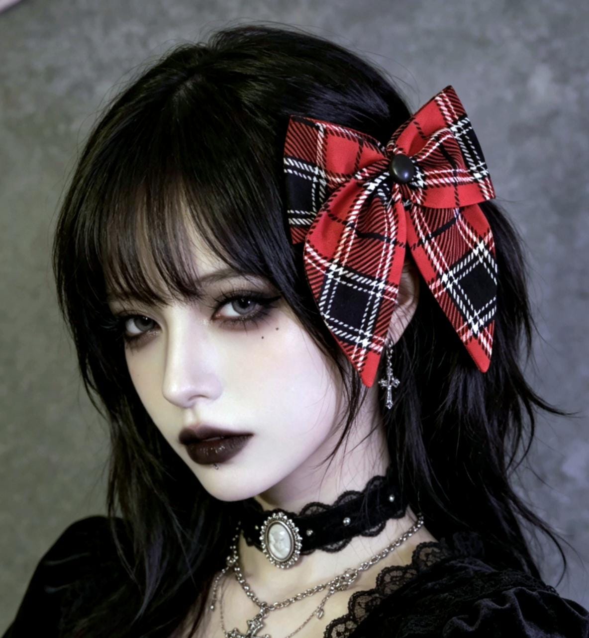 Big Red Black Tartan Check Hair Bow, Clip On, Gothic Punk Party Emo
