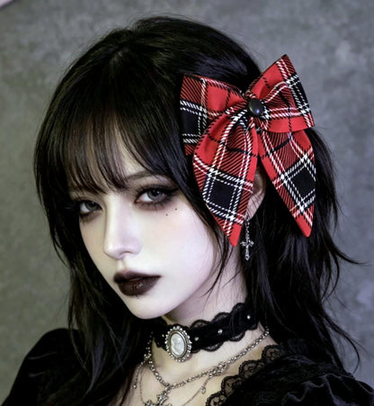 Big Red Black Tartan Check Hair Bow, Clip On, Gothic Punk Party Emo