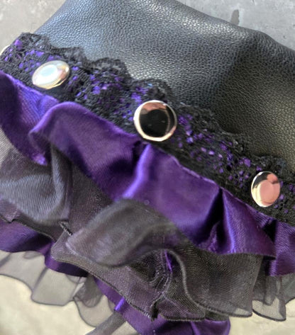 Black Faux Leather Lace Arm Band Cuff, With Purple Satin & Silver Studs, Gothic Steampunk Punk